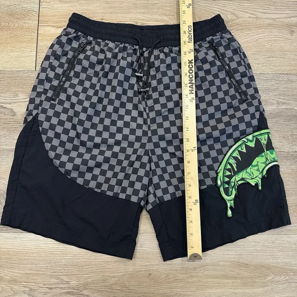 Sprayground Swim Trunks Gray Black Checkered Shark Mouth Graphic Men’s Large